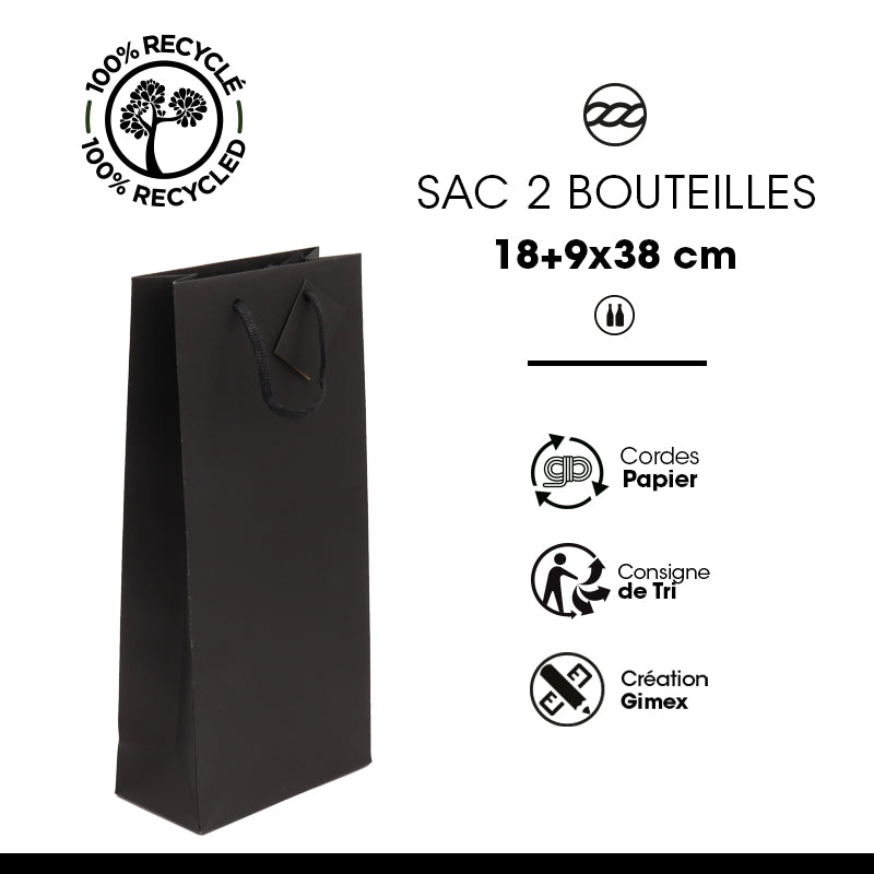 Sac 2 bouteilles | kraft noir | poignées papier | 18+9x38cm | par 100