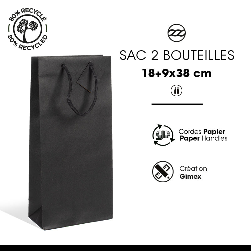 Sac 2 bouteilles|kraft noir|poignées papier|18+9x38cm|par 100