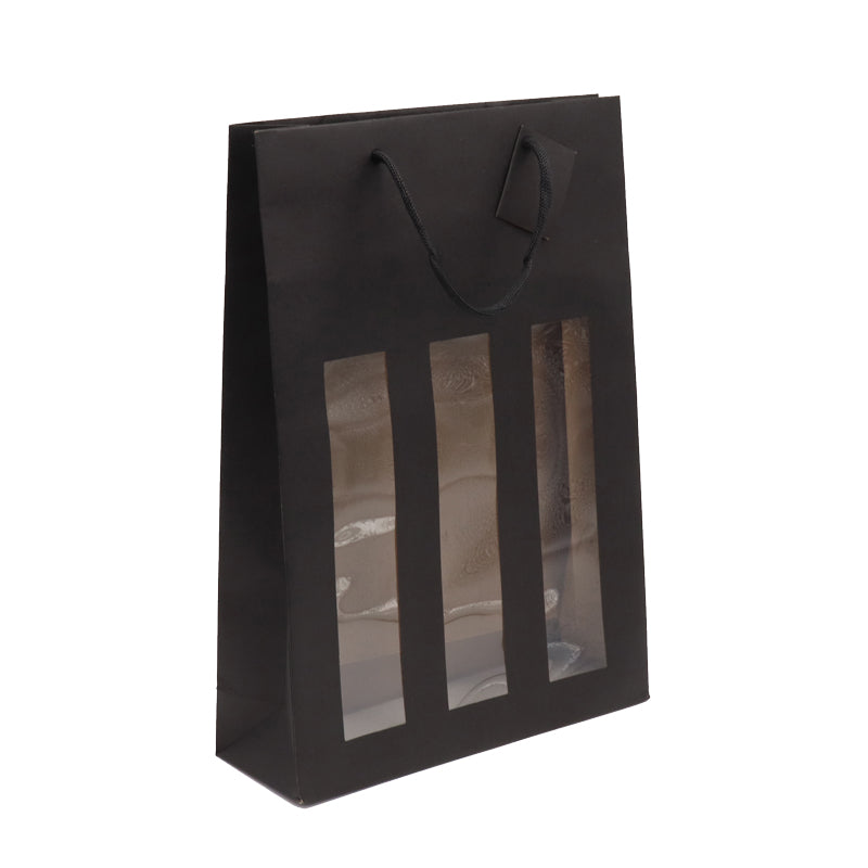Sac 3 bouteilles à fenêtre | kraft noir | poignées papier | 27+9x38cm | par 100