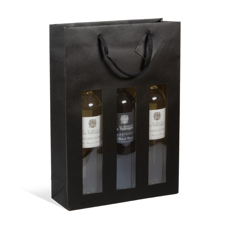 3-bottle window bag | black kraft | paper handles | 27+9x38cm | 100 per pack