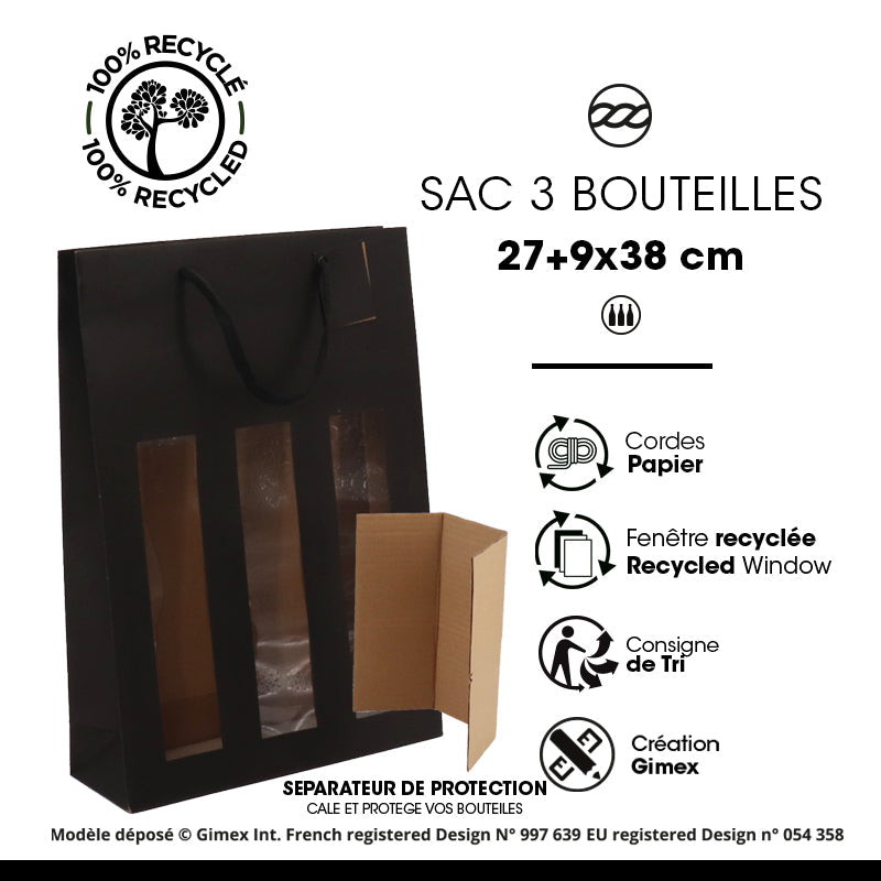 Sac 3 bouteilles à fenêtre|kraft noir|poignées papier|27+9x38cm|par 100