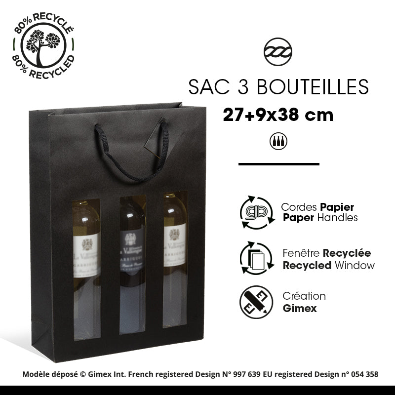 3-bottle window bag | black kraft | paper handles | 27+9x38cm | 100 per pack