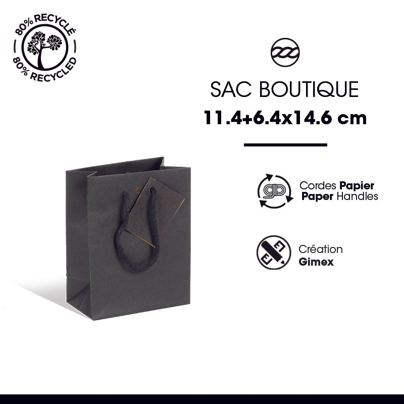 Sac luxe Small|kraft noir|poignées papier|11,4+6,4x14,6cm|par 400