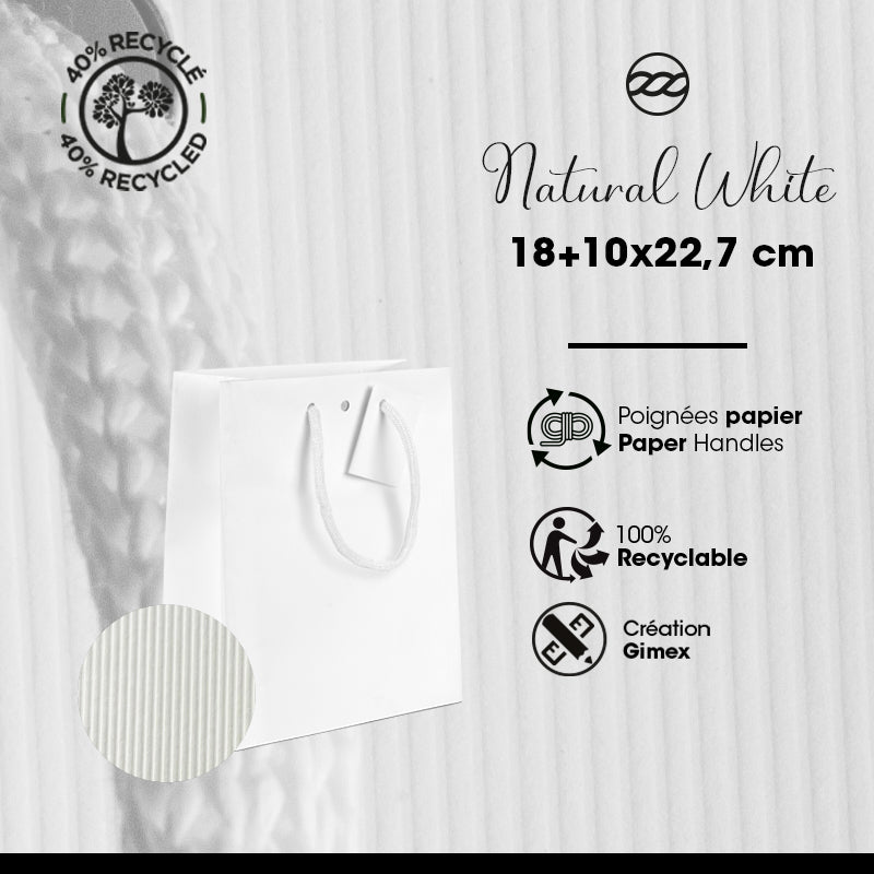 Sac luxe Natural White  | kraft blanc | poignées papier | 18+10x22,7cm | par 200