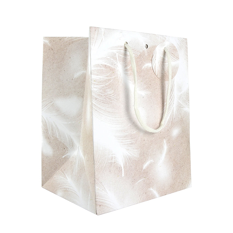 Sac décor Plumes | kraft blanc | poignées cordelières | 22+18x28cm | par 120