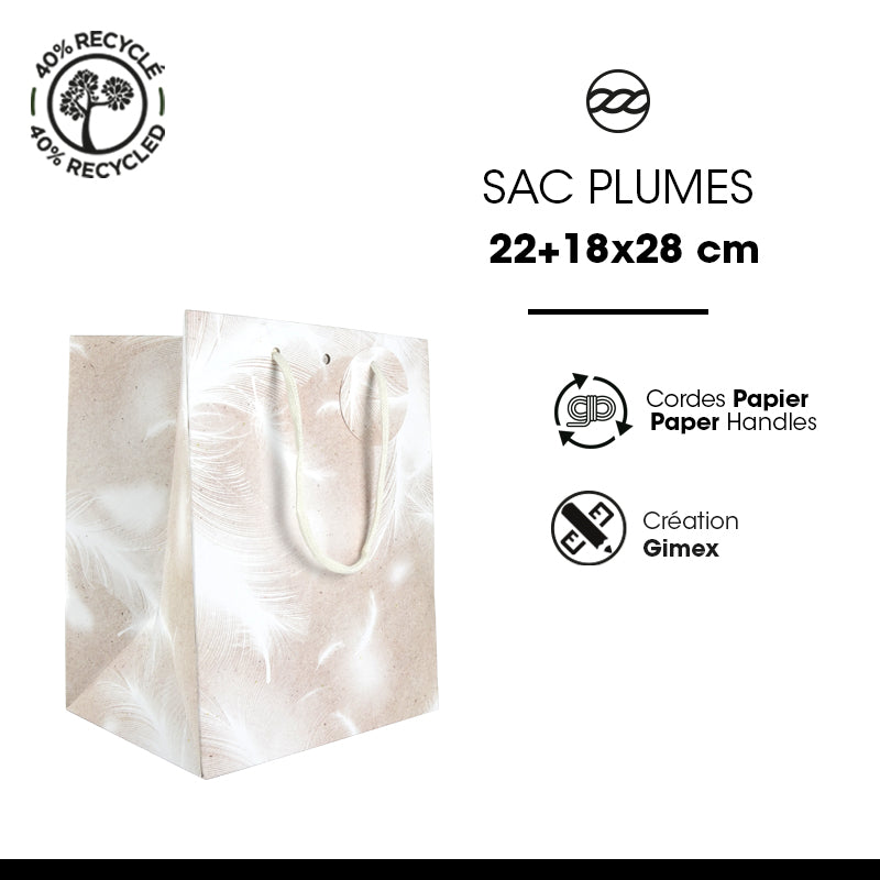 Sac décor Plumes | kraft blanc | poignées cordelières | 22+18x28cm | par 120