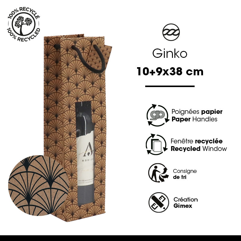 Sac 1 bouteille Ginko|kraft brun|poignées papier|10+9x38cm|par 200