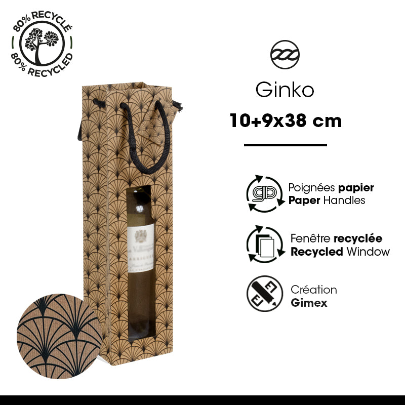 Sac 1 bouteille Ginko|kraft brun|poignées papier|10+9x38cm|par 200