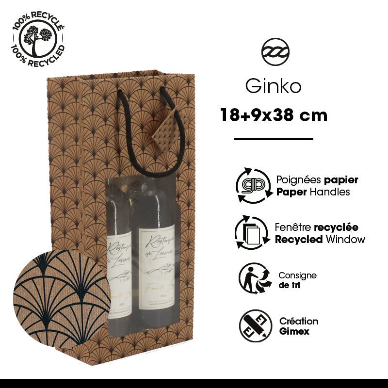 Sac 2 bouteilles Ginko | kraft brun | poignées papier | 18+9x38cm | par 100