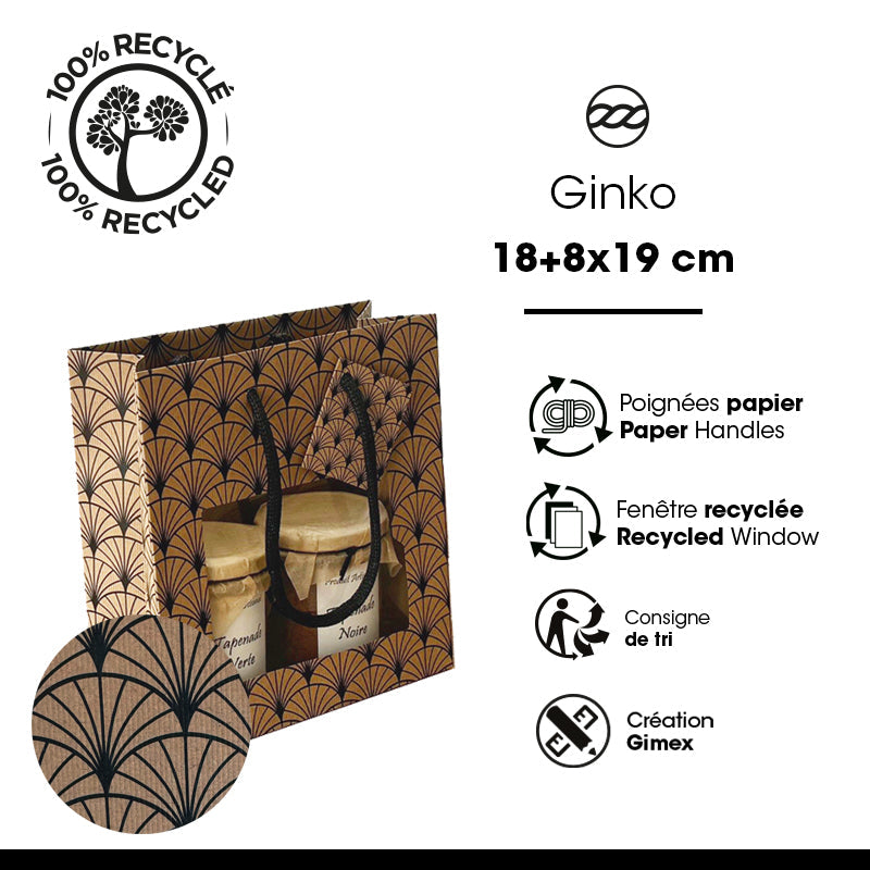 Sac luxe Ginko|kraft brun|poignées papier|18+8x19cm|par 192