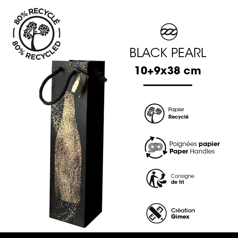 Sac 1 bouteille Black Pearl|kraft brun|poignées papier|10+9x38cm|par 100