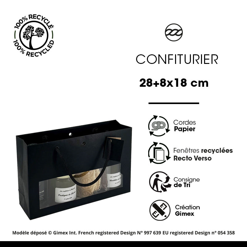 Sac luxe Confiturier | kraft noir | poignées papier | 28+8x18cm | par 120