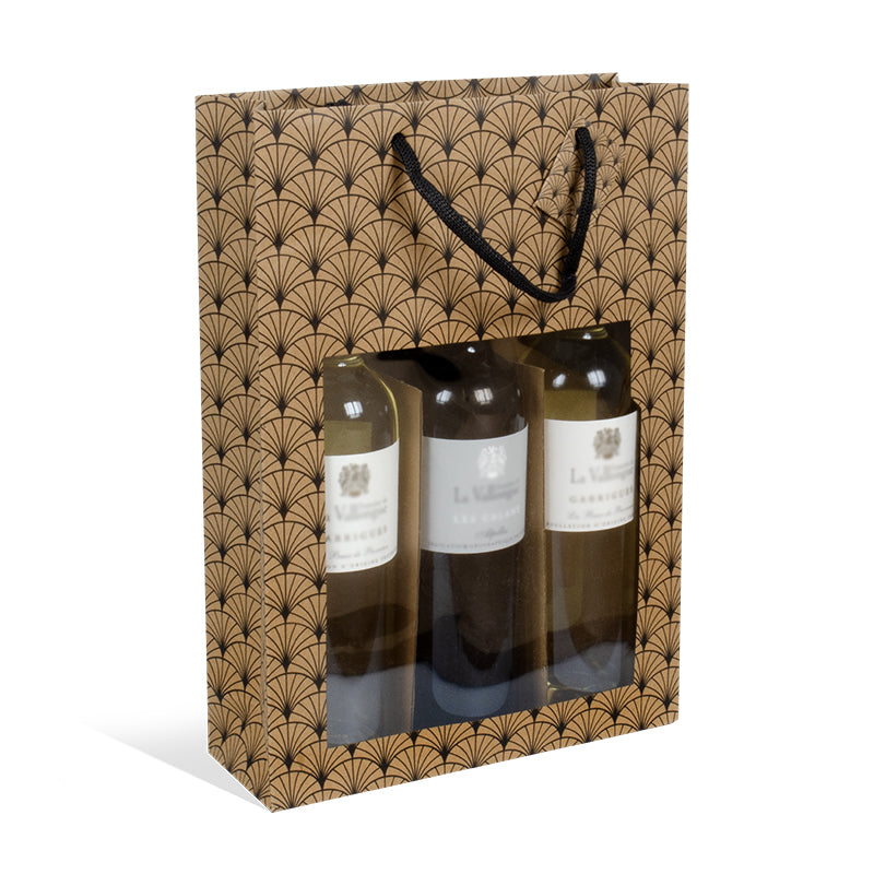 Sac 3 bouteilles Ginko|kraft brun|poignées papier|27+9x38cm|par 100