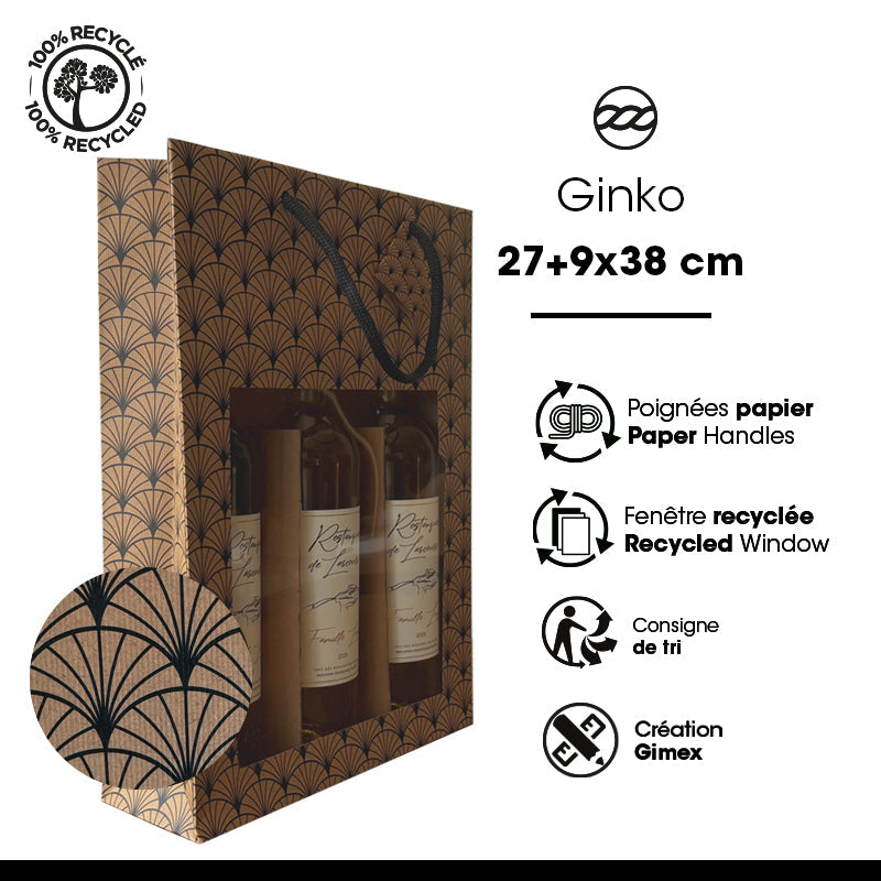Sac 3 bouteilles Ginko | kraft brun | poignées papier | 27+9x38cm | par 100