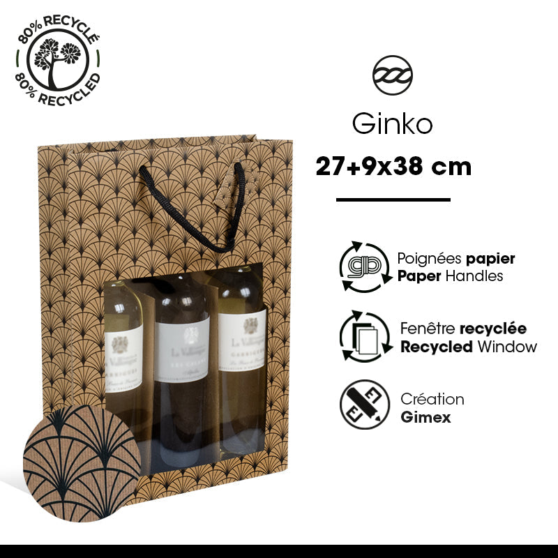 Sac 3 bouteilles Ginko|kraft brun|poignées papier|27+9x38cm|par 100