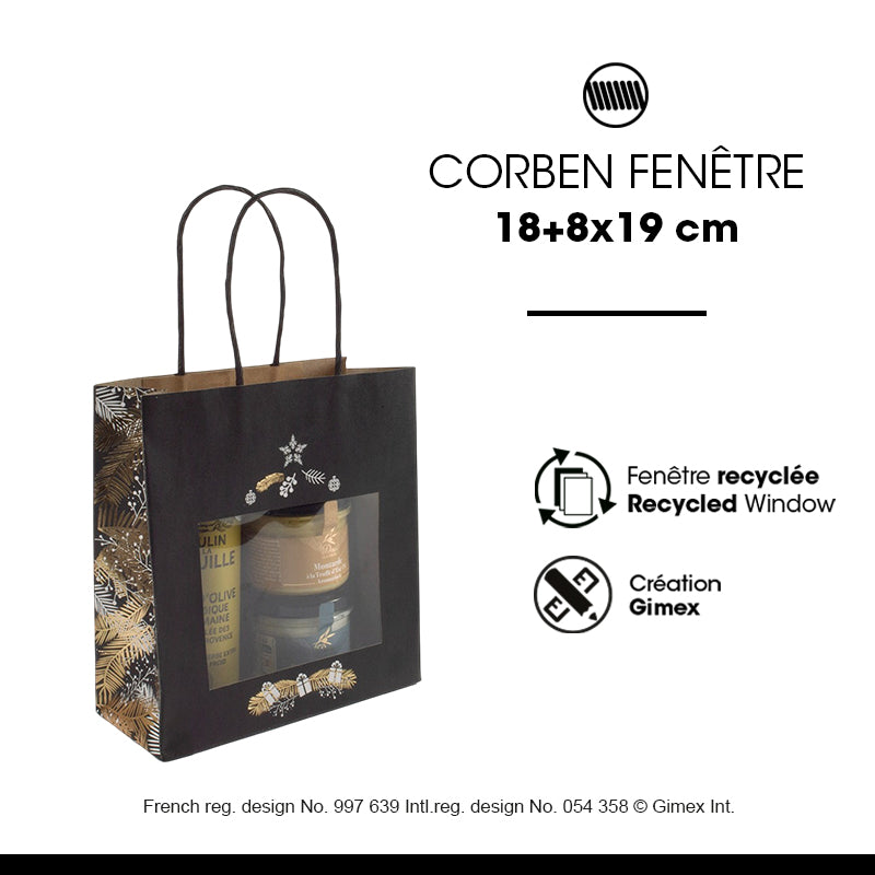 Sac Corben Noir fenêtre | kraft brun | poignées torsadées | 18+8x19cm | par 192