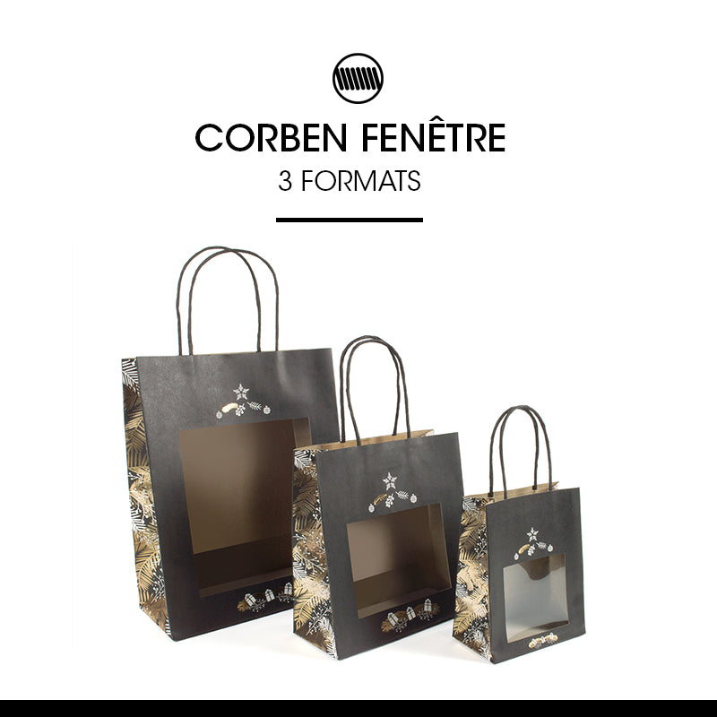 Sac Corben Noir fenêtre | kraft brun | poignées torsadées | 22+11x28cm | par 168