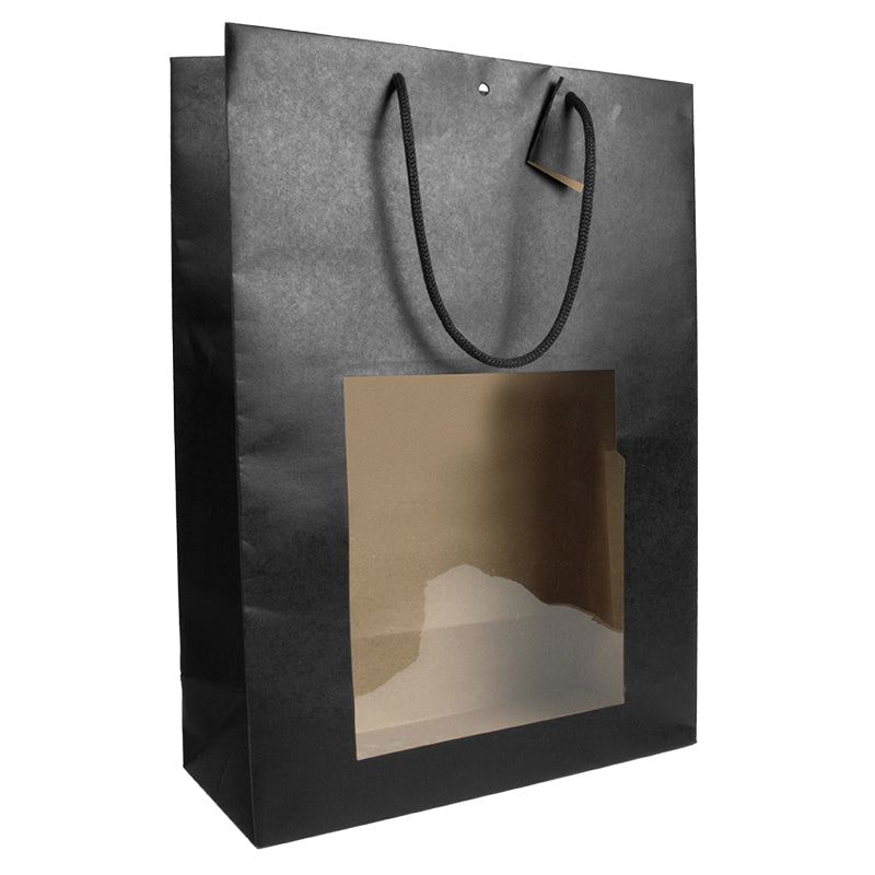 Sac fenêtre King | kraft noir | poignées papier | 33+14x45,7cm | par 60