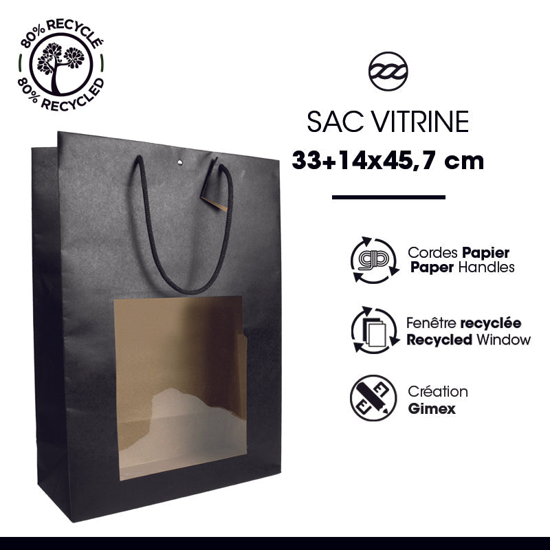 Sac fenêtre King | kraft noir | poignées papier | 33+14x45,7cm | par 60