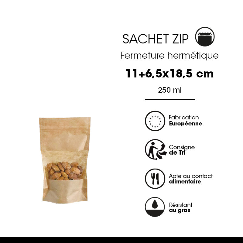 Sachet Doypack avec fenêtre et zip hermétique 250ml | kraft brun | par 1000