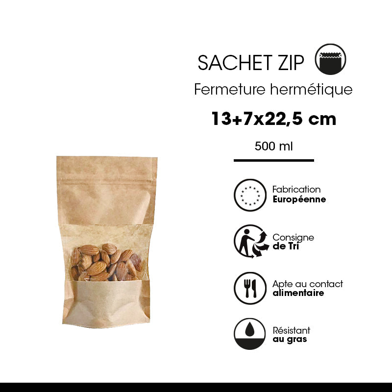 Sachet Doypack avec fenêtre et zip hermétique 500ml  | kraft brun | par 900