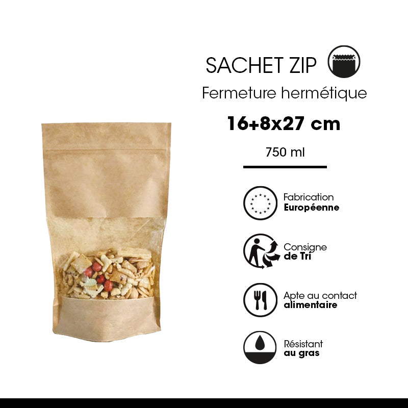 Sachet Doypack avec fenêtre et zip hermétique 750ml  | kraft brun | par 600
