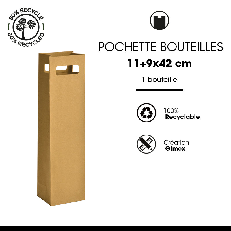 Pochette 1 bouteille|kraft brun|poignées découpées|11+9x42cm|par 200