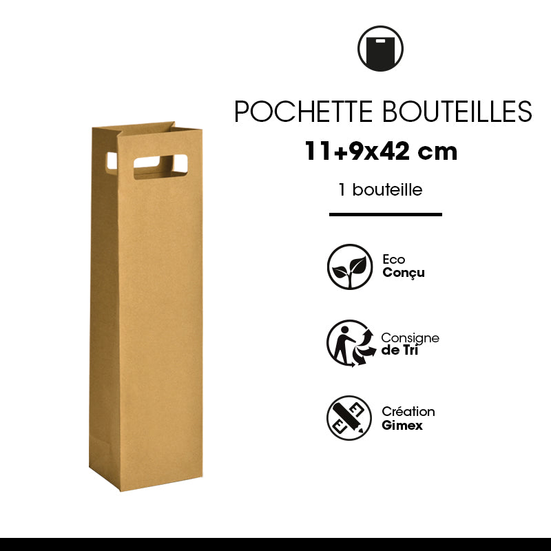 Pochette 1 bouteille|kraft brun|poignées découpées|11+9x42cm|par 200
