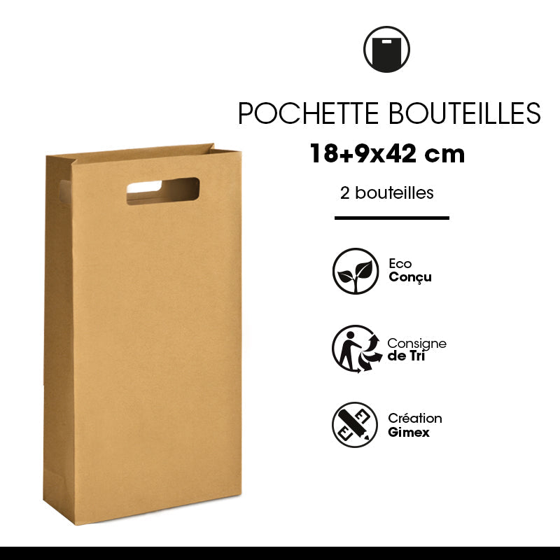 Pochette 2 bouteilles|kraft brun|poignées découpées|18+9x42cm|par 100