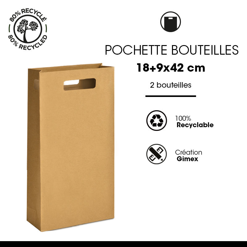 2-bottle pouch | brown kraft | die-cut handles | 18+9x42cm | 100 per pack