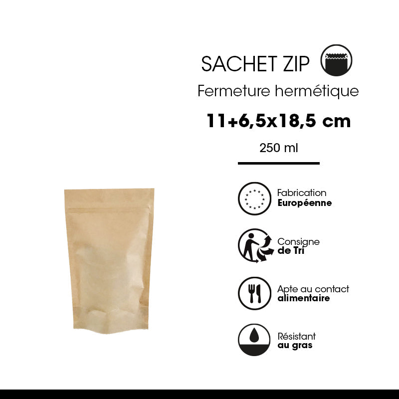 Sachet Doypack avec zip hermétique 250ml|kraft brun|par 1000