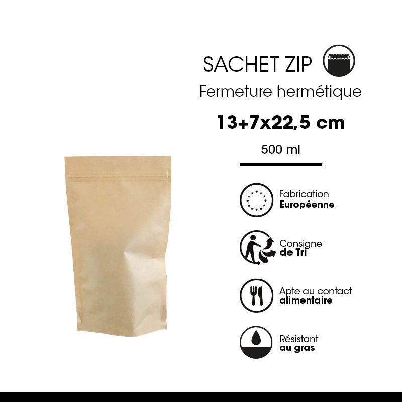 Sachet Doypack avec zip hermétique 500ml|kraft brun|par 900