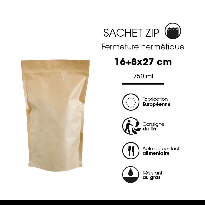 Sachet Doypack avec zip hermétique 750ml | kraft brun | par 600