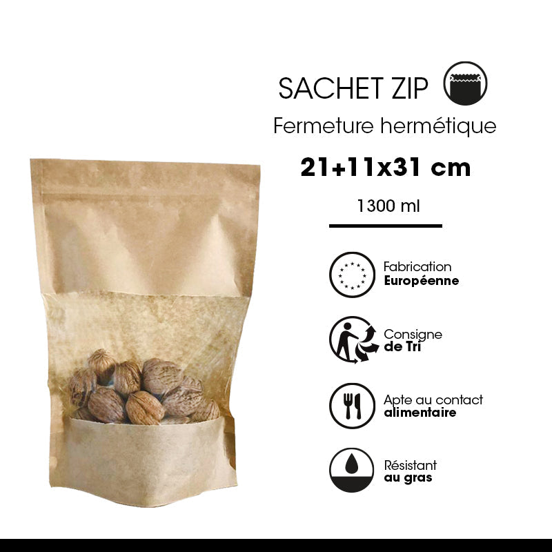 Sachet Doypack avec fenêtre et zip hermétique 1300ml  | kraft brun | par 400