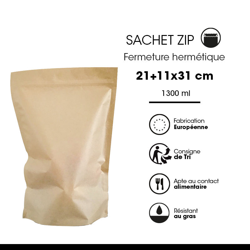 Sachet Doypack avec zip hermétique 1500ml  | kraft brun | par 400