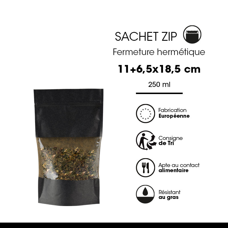Sachet Doypack avec fenêtre et zip hermétique 250ml  | kraft noir | par 1000