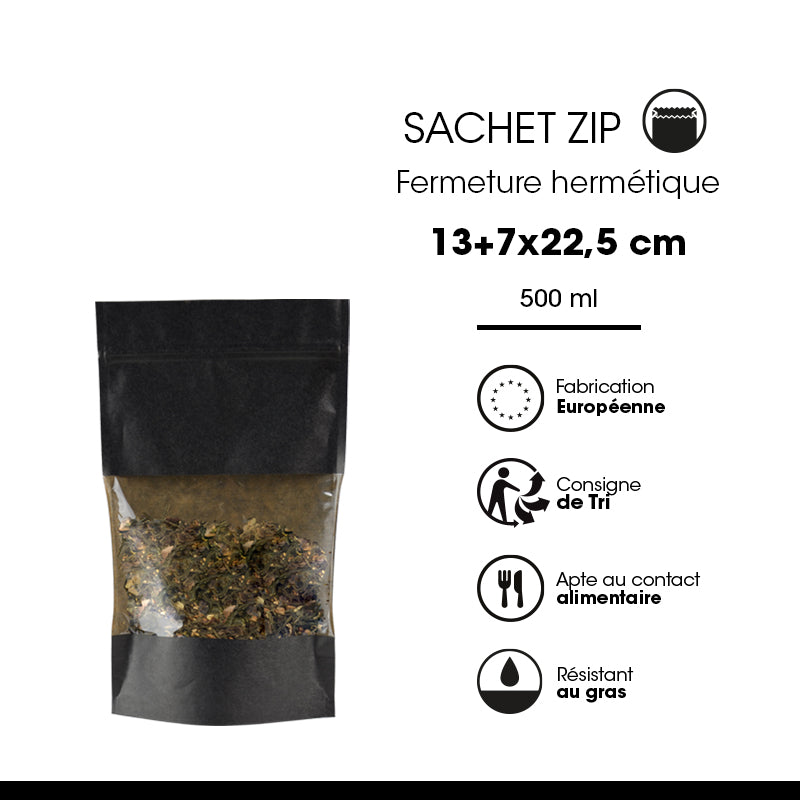 Sachet Doypack avec fenêtre et zip hermétique 500ml  | kraft noir | par 900
