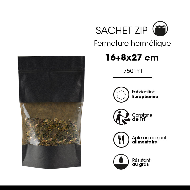 Sachet Doypack avec fenêtre et zip hermétique 750ml  | kraft noir | par 600