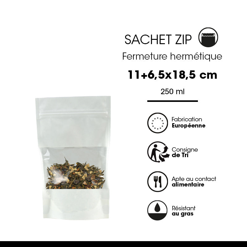 Sachet Doypack avec fenêtre et zip hermétique 250ml  | kraft blanc | par 1000