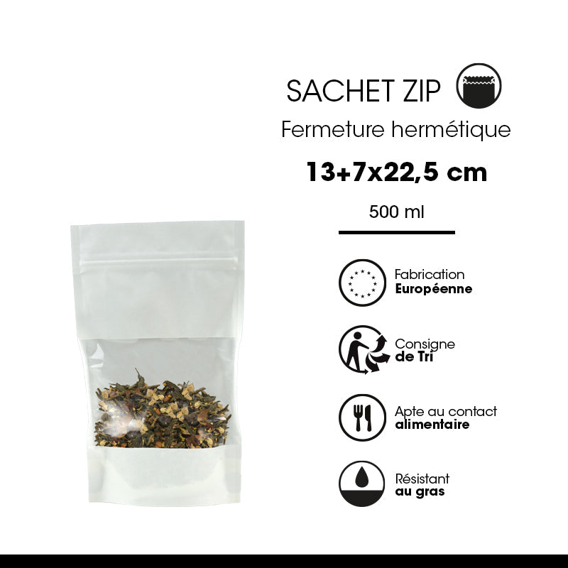 Sachet Doypack avec fenêtre et zip hermétique 500ml  | kraft blanc | par 900