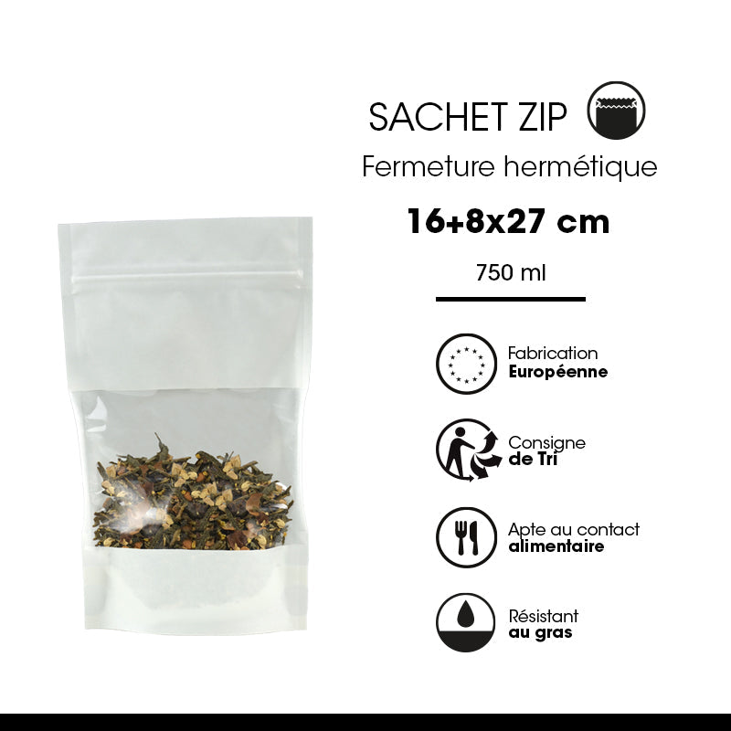 Sachet Doypack avec fenêtre et zip hermétique 750ml  | kraft blanc | par 600