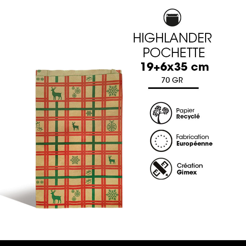 Pochette Cadeau Highlander kraft brun 70gr 19+6x35cm par 1000