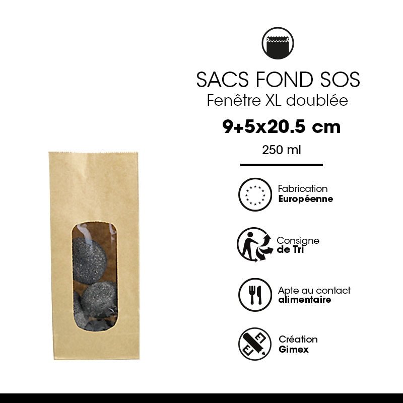 SOS food bag with XL window | brown kraft | smooth 250 ml per 1200