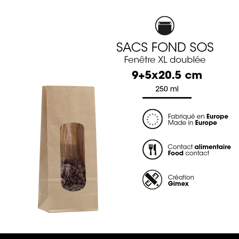 SOS food bag with XL window 250 ml | smooth brown kraft | 1200