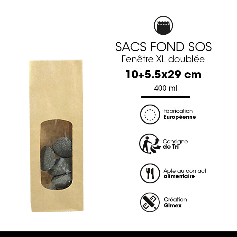 SOS food bag with XL window | brown kraft | smooth 400 ml per 1200