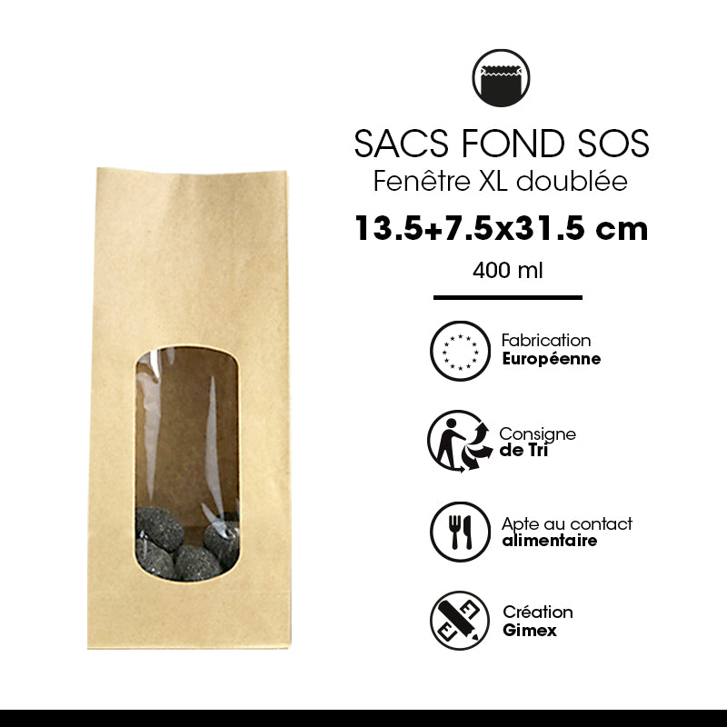 SOS food bag with XL window | brown kraft | smooth 850 ml per 800