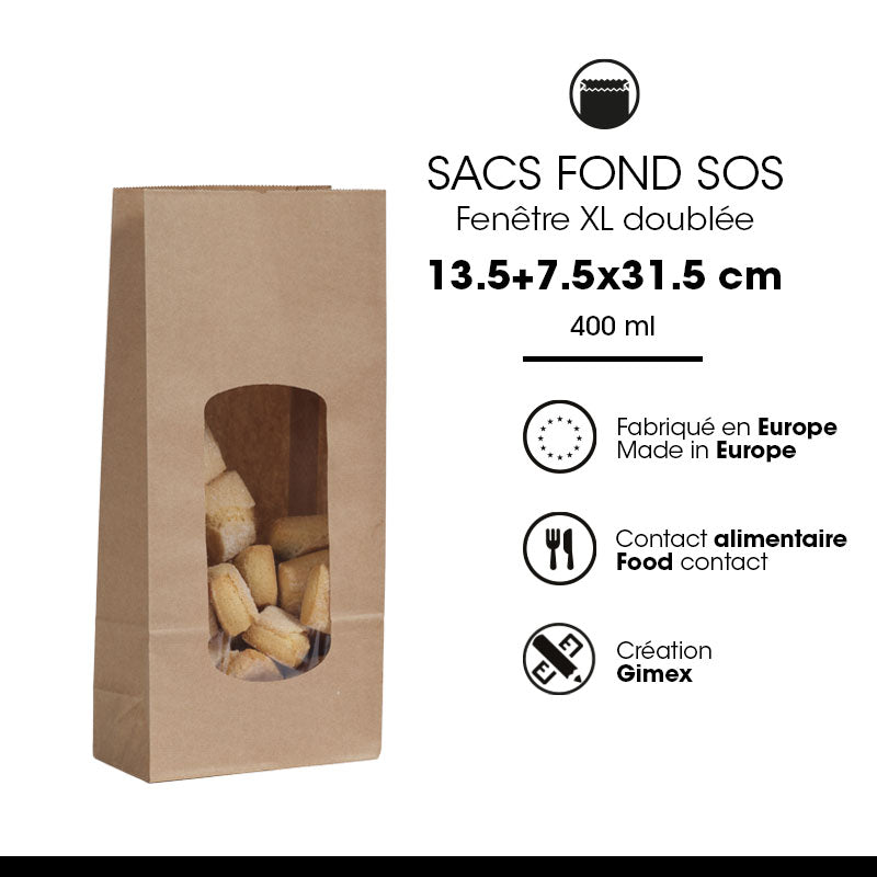 SOS food bag with XL window 850 ml | smooth brown kraft | 800