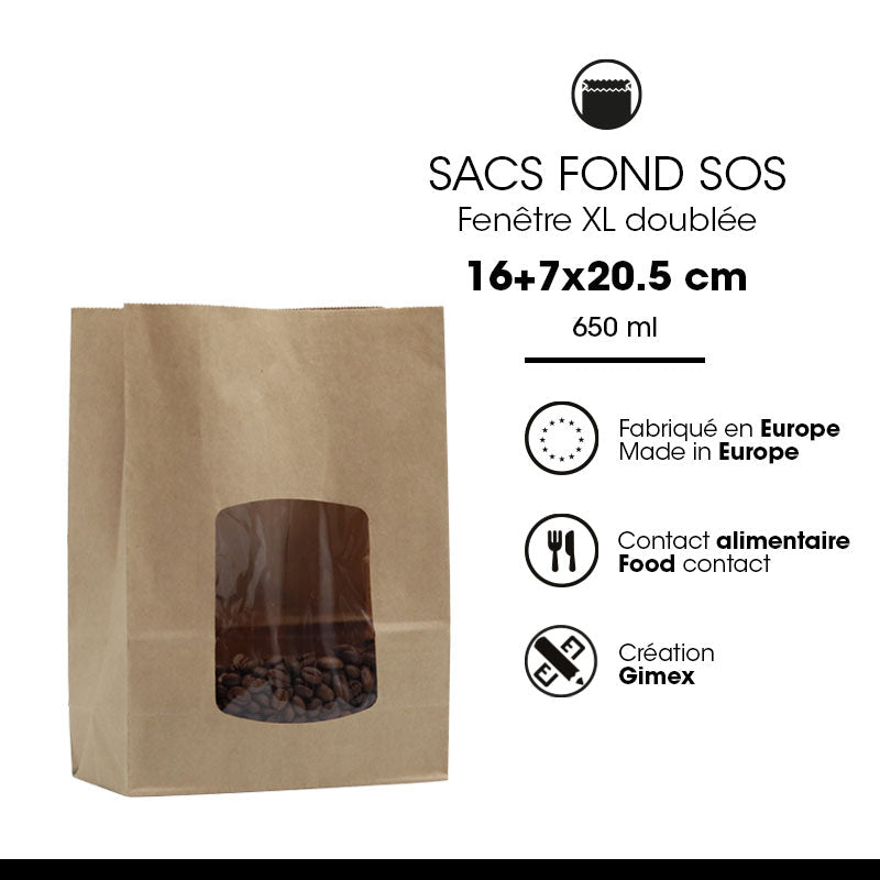 SOS food bag with XL window 650 ml | smooth brown kraft | 800
