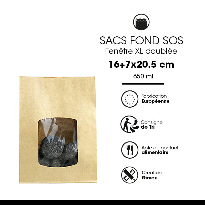 SOS food bag with XL window | brown kraft | smooth 650 ml per 800