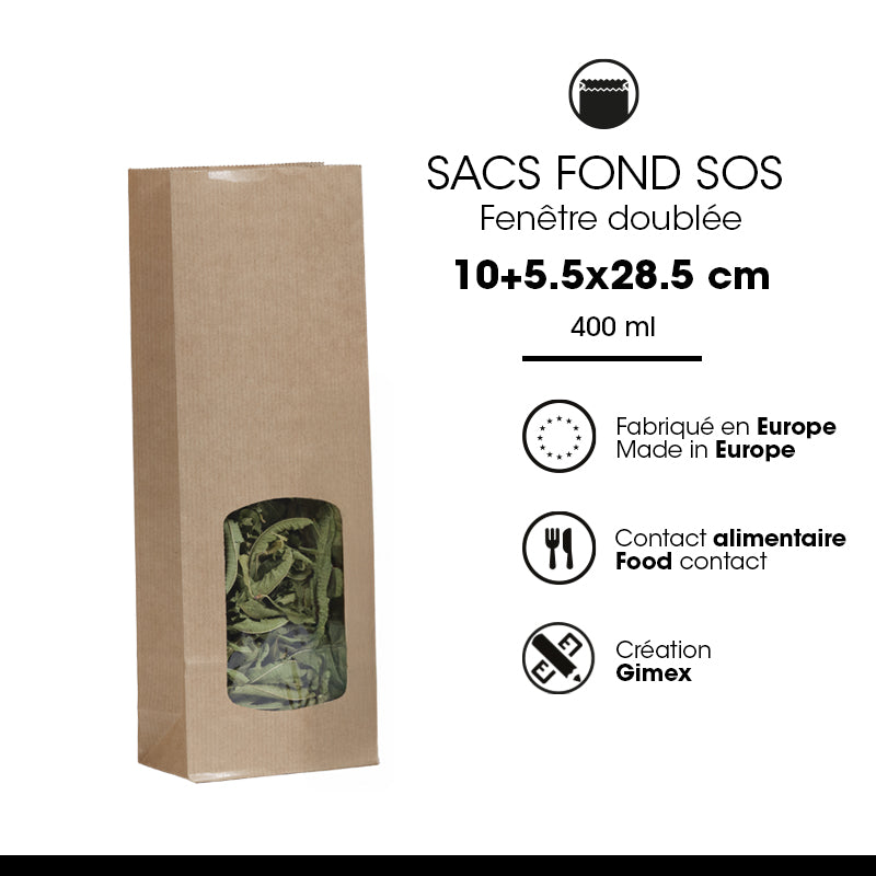 Sac alimentaire SOS fenêtre 400 ml | kraft brun vergé | par 1200